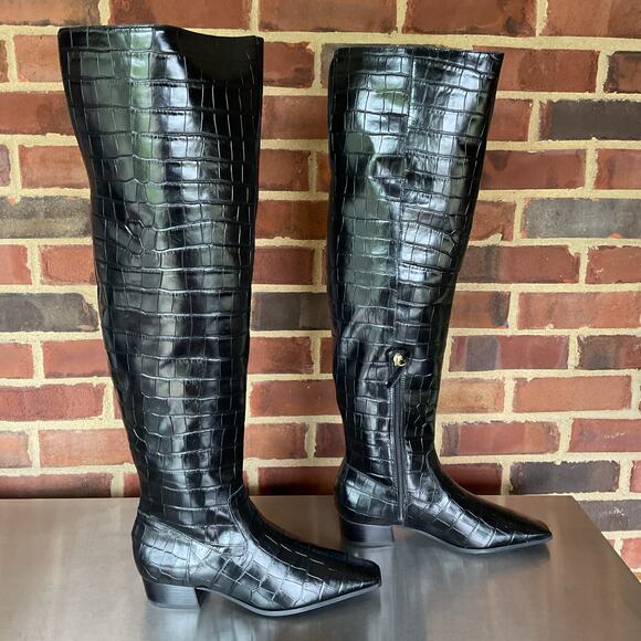 NEW Schutz Women’s Helena Croc Embossed Over the Knee Boots Black Size 7.5B - Picture 1 of 10